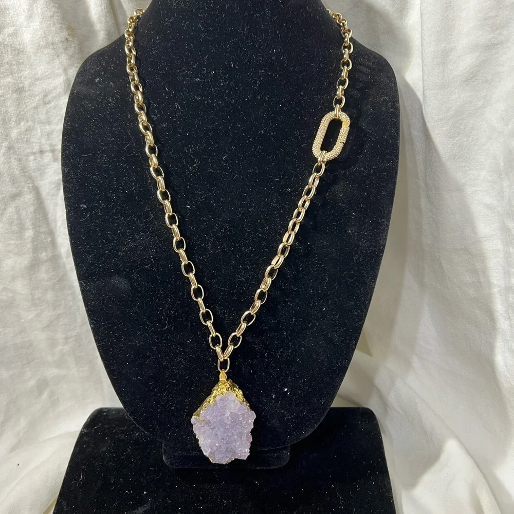 Amethyst Crystal Cluster Pendant On A 26” Inch Gold Chain W/ Rhinestone☑️